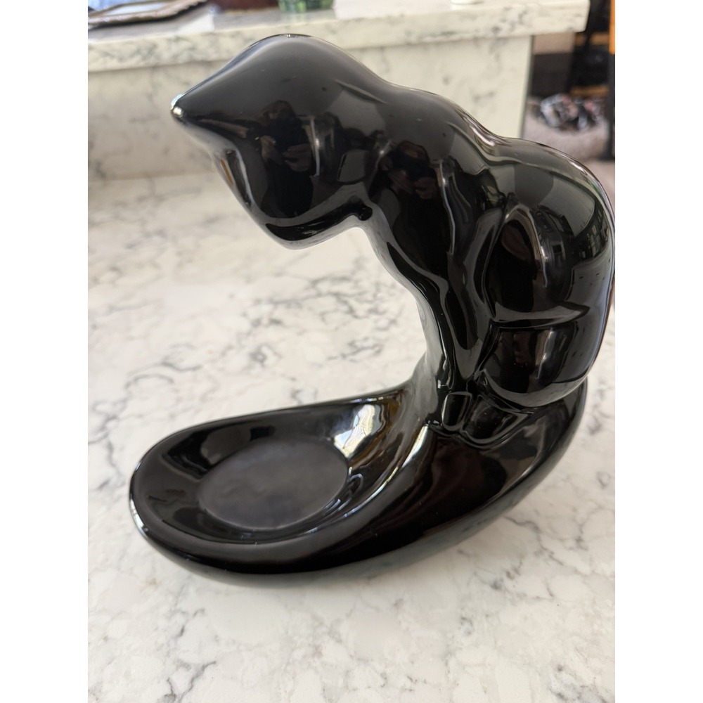 1989  Pelzman Vandor Design Ceramic Black Cat Kitty Fish Bowl Holder 9"  Trinket
